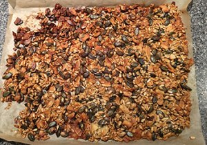 Granola out of the oven. Smells wonderful!